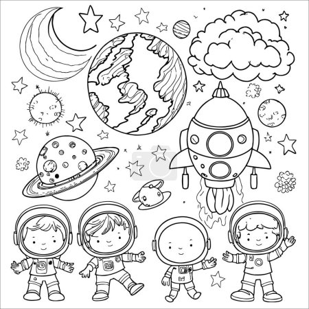 Foto de Papel para colorear, astronauta niños, cohete y galaxia, IA generada - Imagen libre de derechos