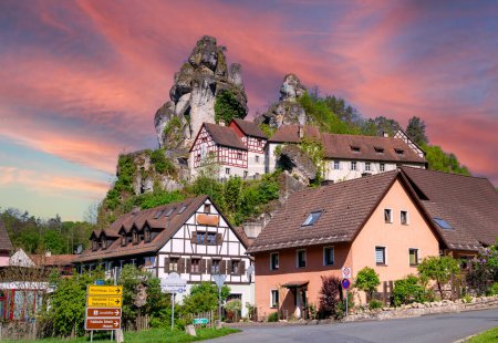 View of the rock castle in Tuechersfeld, Pottenstein in Franconian Switzerland, Bavaria Germany at sunset