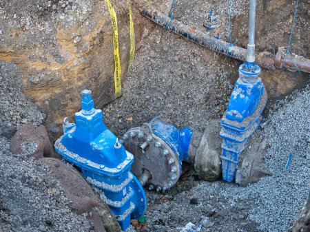 Photo for Gate valves in a dug trench in a pavement - part of a water supply network in the UK. - Royalty Free Image