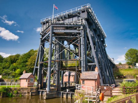 Photo for The Anderton Boat Lift near Northwich in Cheshire, UK. A two-caisson lift lock providing a 50-foot vertical link between the River Weaver and the Trent and Mersey Canal. - Royalty Free Image