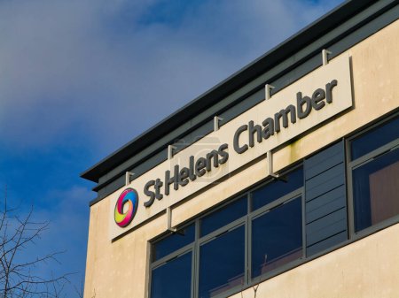 Photo for St Helens, UK - Jan 4 2024: Signage and the corporate logo of St Helens Chamber of Commerce in Merseyside in the north west of the UK. The Chamber provides support and networking for local businesses. - Royalty Free Image
