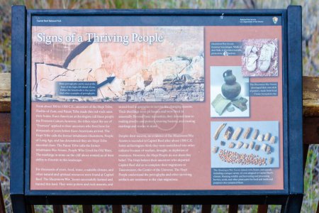 Photo for Fruita, Utah, USA  - May 7 2023: Sign explaining Petroglyph Panels in Capitol Reef National Park - Royalty Free Image