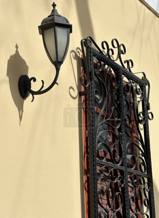 Ornate lamp and metal door