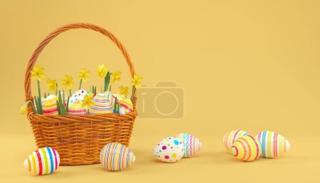 3d renderizado de cesta de Pascua con coloridos huevos de Pascua sobre fondo amarillo. - Fondo de vacaciones