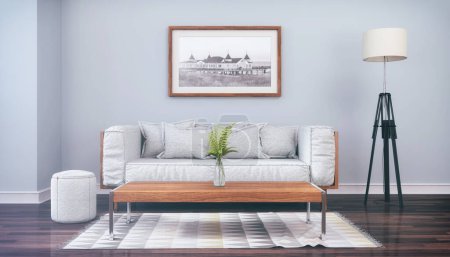 Téléchargez les photos : 3d rendu - scandinave nordique salon avec un canapé, table, tapis, peinture sur le mur et une lampe - cadres photo vides - espace réservé - look rétro - en image libre de droit
