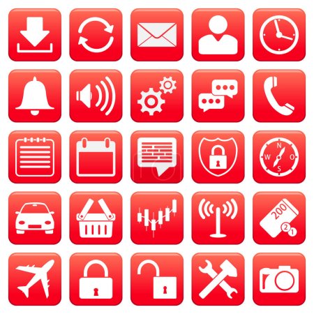 Illustration of 25 simple flat icons in red.