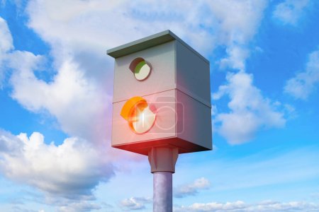 3d rendering of a stationary speed camera flashing. In the background a sky with clouds.