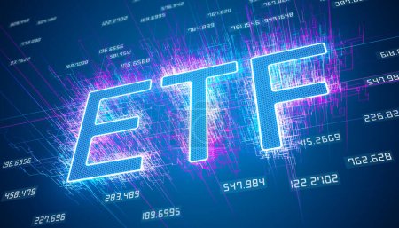 illustration of keyword ETF on dark blue abstract background - business concept.