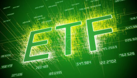 illustration of keyword ETF on dark green abstract background - business concept.