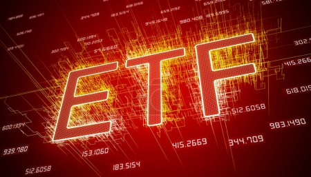 illustration of keyword ETF on dark red abstract background - business concept.