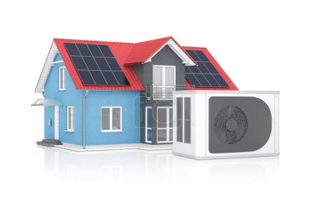3d rendering of a heat pump, in the background a blue family house with solar panels on the roof on white background.