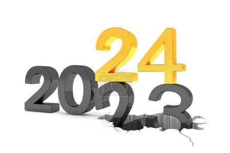 3D-Darstellung der Zahlen 2024 und 23 in Schwarz und Gold auf weißem Hintergrund. Die Zahl 24 fällt auf die Zahl 23 und bricht in sie ein.