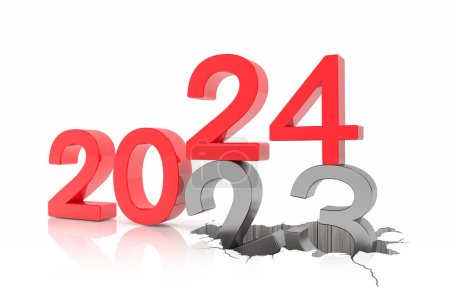 3D-Darstellung der Zahlen 2024 und 23 in rot und silber über weißem reflektierendem Hintergrund. Die Zahl 24 fällt auf die Zahl 23 und bricht in sie ein.
