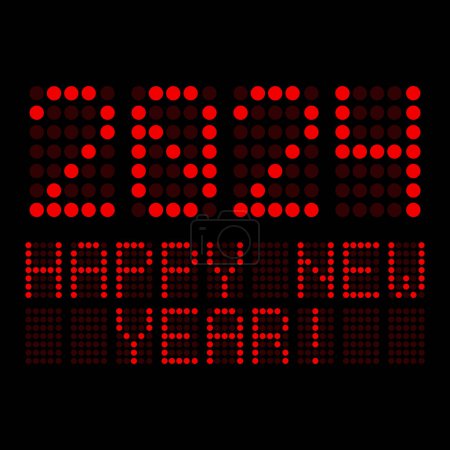 Illustration of a digital display shows the date of the new year 2024 and the message happy new year in red over black background.