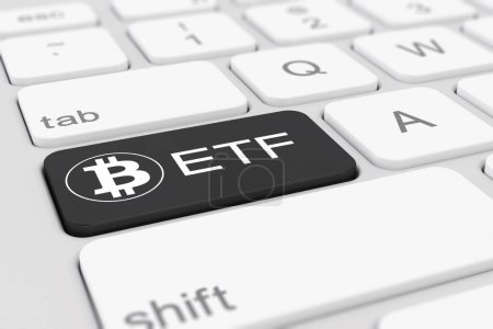 3d render of a white keyboard of a computer with a black key and the bitcoin logo as well as the text ETF - business concept.