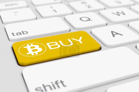 3d render of a white keyboard of a computer with a yellow key and the bitcoin logo as well as the text buy - business concept.