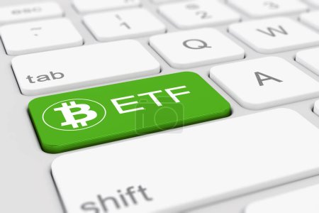 3D renderizado de un teclado blanco de un ordenador con una tecla verde y el logotipo de bitcoin, así como el texto ETF - concepto de negocio.
