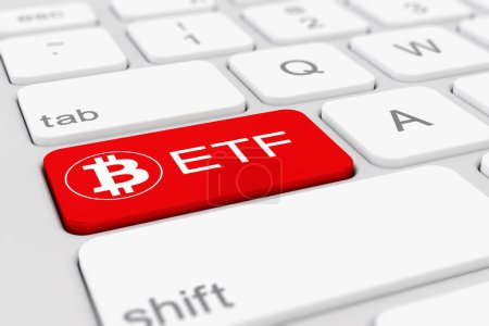 3D renderizado de un teclado blanco de un ordenador con una tecla roja y el logotipo de bitcoin, así como el texto ETF - concepto de negocio.