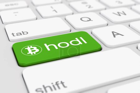 3d rendu d'un clavier blanc d'un ordinateur avec une touche verte et le logo Bitcoin ainsi que le texte hodl - concept d'entreprise.