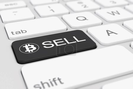 3d rendu d'un clavier blanc d'un ordinateur avec une touche noire et le logo Bitcoin ainsi que le texte vendre - concept d'entreprise.