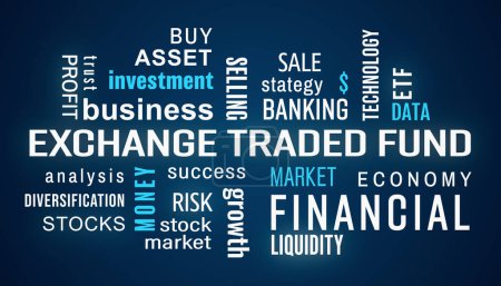 Illustation of exchange traded fund (ETF) palabras clave nube con texto blanco y azul sobre fondo oscuro.