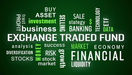 Illustration von Exchange Traded Fund (ETF) Keywords Wolke mit weißem und grünem Text auf dunklem Hintergrund.