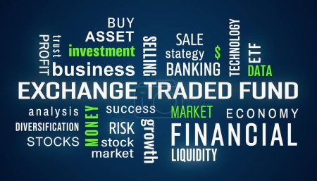 Illustation of exchange traded fund (ETF) palabras clave nube con texto blanco y verde sobre fondo oscuro.