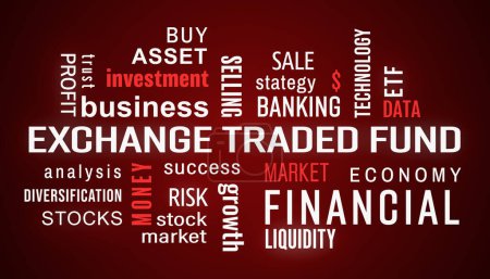 Illustation of exchange traded fund (ETF) palabras clave nube con texto blanco y rojo sobre fondo oscuro.