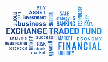 Illustation of exchange traded fund (ETF) keywords cloud with blue text on white background.