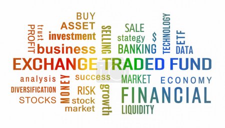 Illustation of exchange traded fund (ETF) keywords cloud with colorful text on white background.