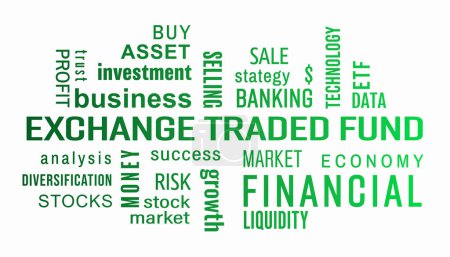 Illustation of exchange traded fund (ETF) keywords cloud with green text on white background.