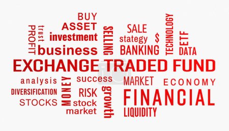 Illustation of exchange traded fund (ETF) keywords cloud with red text on white background.