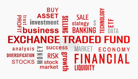 Illustation of exchange traded fund (ETF) keywords cloud with red and grey text on white background.
