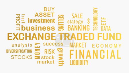 Illustation of exchange traded fund (ETF) keywords cloud with yellow text on white background.