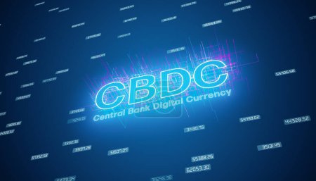 Téléchargez les photos : Illustation du mot clé CBDC - monnaie numérique de la banque centrale en bleu sur un fond abstrait sombre - concept d'entreprise. - en image libre de droit