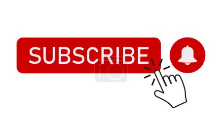 Illustration of red buttons with subscribe button with a hand and notification bell - isolated icons - suitable for video blog.