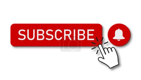 Illustration of red buttons with subscribe button with a hand and notification bell - isolated icons - suitable for video blog.