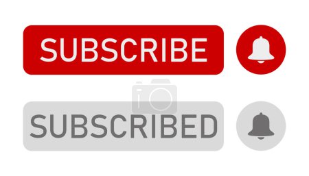 Illustration of red and gray buttons with subscribe, subscribed and notification bell buttons - isolated icons - suitable for video blog.
