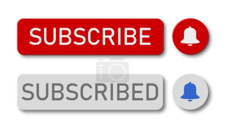 Illustration de boutons rouges et gris avec boutons d'abonnement, d'abonnement et de notification - icônes isolées - adapté au blog vidéo.