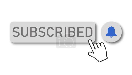 Illustration of grey buttons with subscribed button with a hand and notification bell - isolated icons - suitable for video blog.