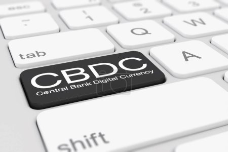 3D-Rendering einer weißen Tastatur mit schwarzer CBDC - Digitalwährungstaste der Zentralbank - Geschäftskonzept.