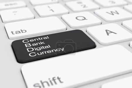 3D-Rendering einer weißen Tastatur mit schwarzer CBDC - Digitalwährungstaste der Zentralbank - Geschäftskonzept.