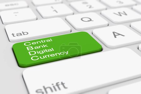 3D-Rendering einer weißen Tastatur mit grünem CBDC - Digitalwährungstaste der Zentralbank - Geschäftskonzept.