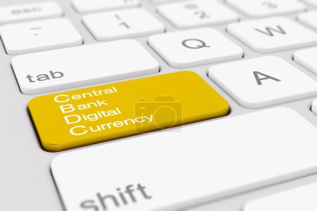 3D-Rendering einer weißen Tastatur mit gelber CBDC - Digitalwährungstaste der Zentralbank - Geschäftskonzept.