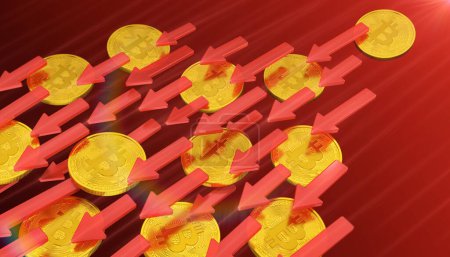 3D-Rendering von goldenen, physischen Bitcoin-Münzen mit roten Pfeilen - symbolisiert einen fallenden Preis (Abwärtstrend) - Geschäftskonzept.