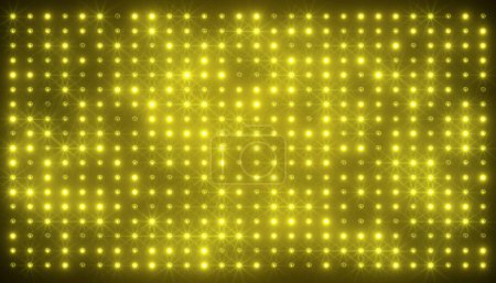 Illustation of an abstract glowing yellow, orange LED wall with bright light bulbs - abstract background.