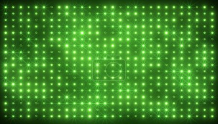 Illustation of an abstract glowing green LED wall with bright light bulbs - abstract background.