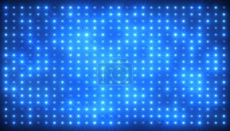 Illustation of an abstract glowing blue LED wall with bright light bulbs - abstract background.
