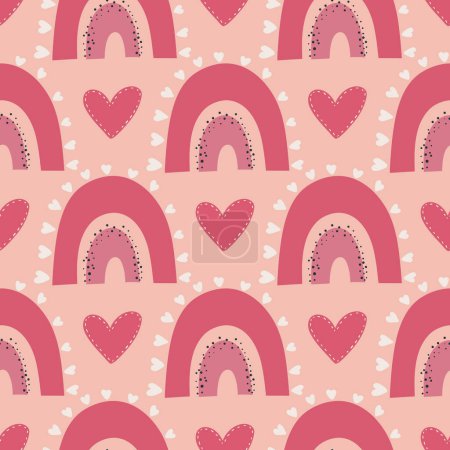 Nahtloses Muster mit roten Herzen, Liebeserklärungen und Regenbogen. Valentinstag Hintergrund mit Symbolen der Liebe, Romantik und Leidenschaft. Vektor-Illustration für Packpapier, Tapete.