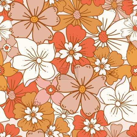 Illustration for Floral retro boho pattern. Flower Power. Hippie pattern of the sixties. Summer flowers pattern. Boho style design perfect for wall art, poster, card, room decoration. - Royalty Free Image